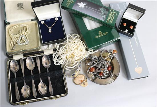 A pair of 9ct gold ladybird ear studs, a 9ct & CZ necklace and pair of earrings, silver ashtray, 5 silver spoons, Georg Jensen etc.